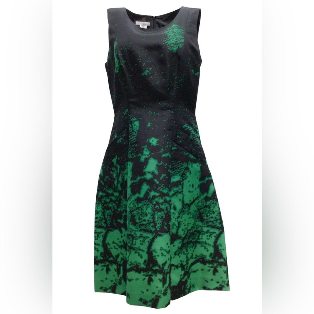 Oscar de la Renta Black / Green Dance Print Sleeveless Silk Cocktail Dress